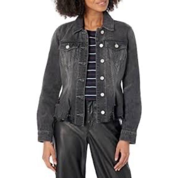 Blank NYC Black Denim Distressed Jean Trucker Jacket Button Front Small Cotton - Picture 1 of 8
